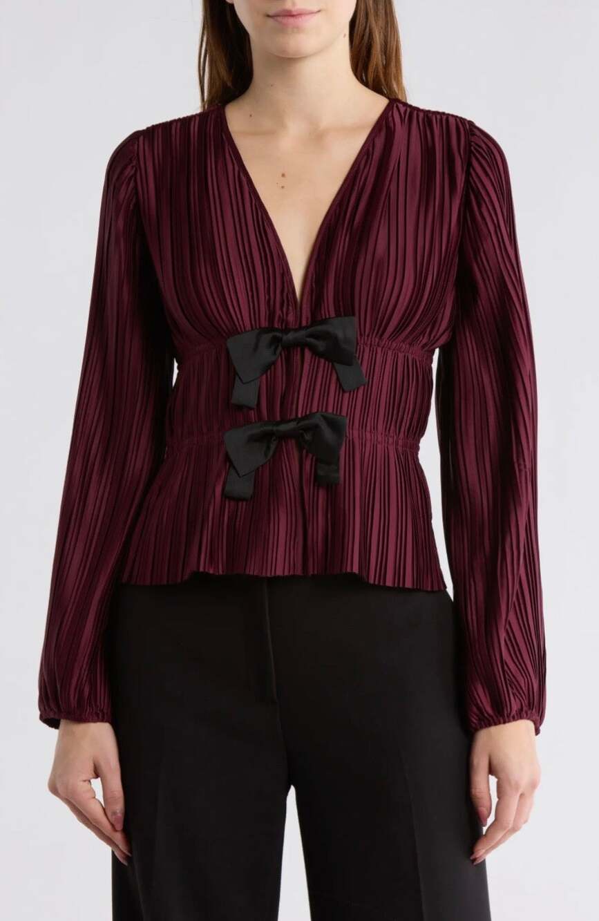 NWT WAYF Aubergine Maroon Satin Bow Pleated VNeck Long Sleeve Plissé Top Size XL